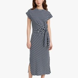 Apiece Apart Navy Striped Organic Cotton Side Tie Midi Dress L Large